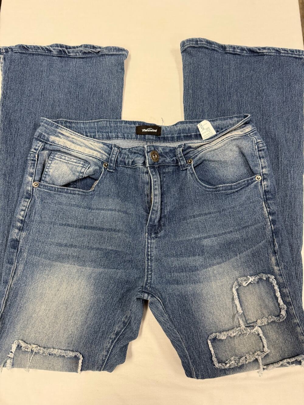 Bestwind Women’s Distressed Patchwork Jeans Size S Medium Wash